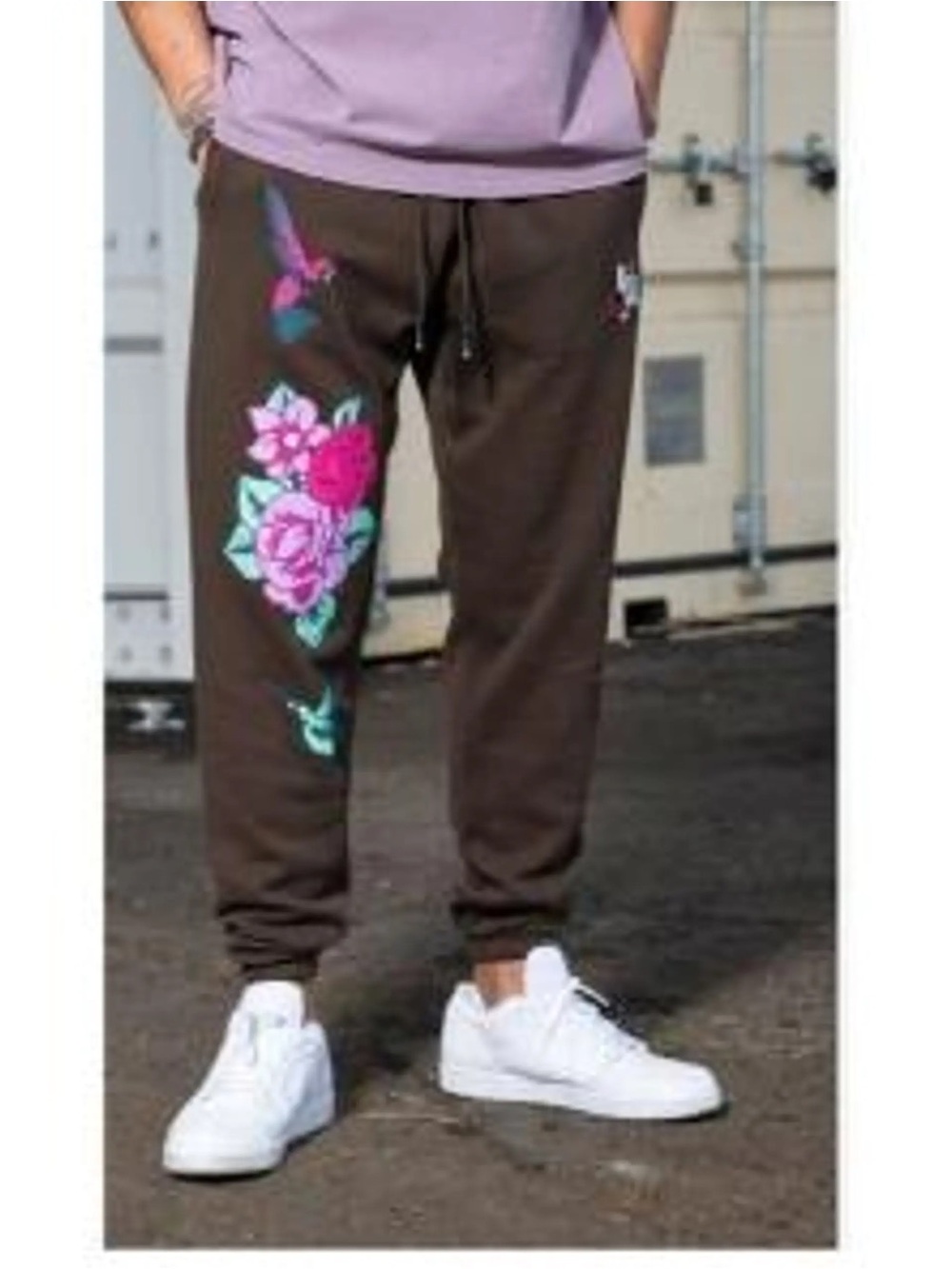 YoungLA Men's Brown Floral Rose Jogger Fleece Sweatpants Drawstring Pockets M
